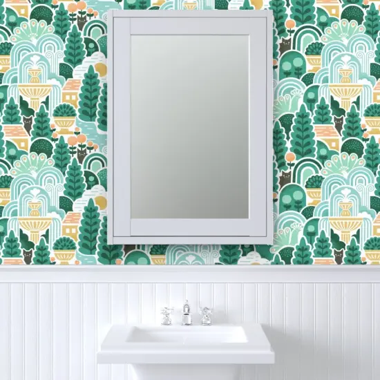 Peel & Stick Wallpaper 2FT Wide Green Landscape Nature Cats Animals Woods Tree Forest Large Scale Italian Fountain Botanical Custom Removable Wallpaper by Spoonflower {6}