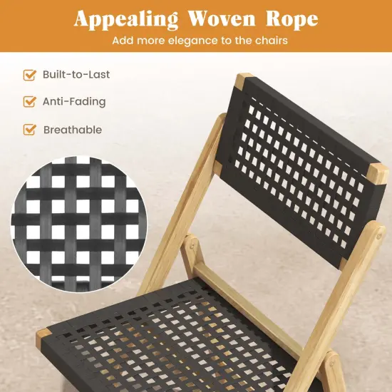 Costway 2/4 Piece Patio Folding Chairs with Woven Rope Seat & High Back Indonesia Teak Wood for Porch Natural&Black {6}