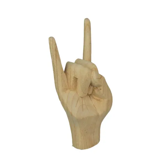 Carved Wooden Rock On Devil Horns Hand Gesture Statue Natural Finish Home Decor {3}