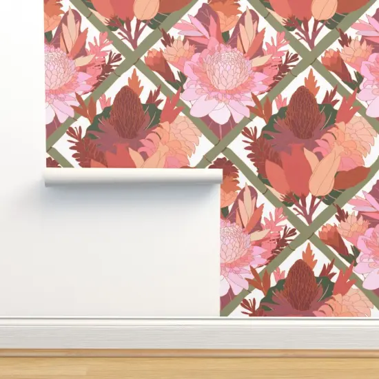 Peel & Stick Wallpaper 2FT Wide Pink Botanical Lattice Chinoiserie Trellis Boho Hawaiian Floral Tropical Mauve Large Scale Custom Removable Wallpaper by Spoonflower {2}