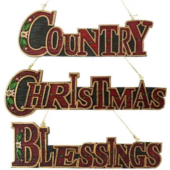 Kurt Adler Set of 3 Red "CHRISTMAS", "COUNTRY" and "BLESSINGS" Sign Holiday Ornaments 10" {1}