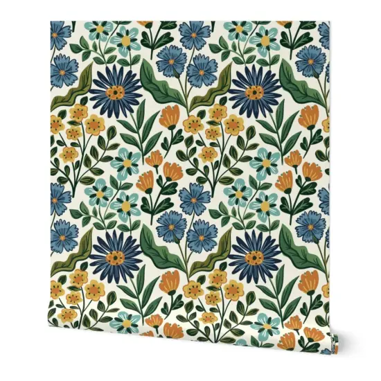 Peel & Stick Wallpaper 2FT Wide Wildflower Graceful Flowers Blossoms Petals Blue Green Orange Marigold Daisy Custom Removable Wallpaper by Spoonflower {7}