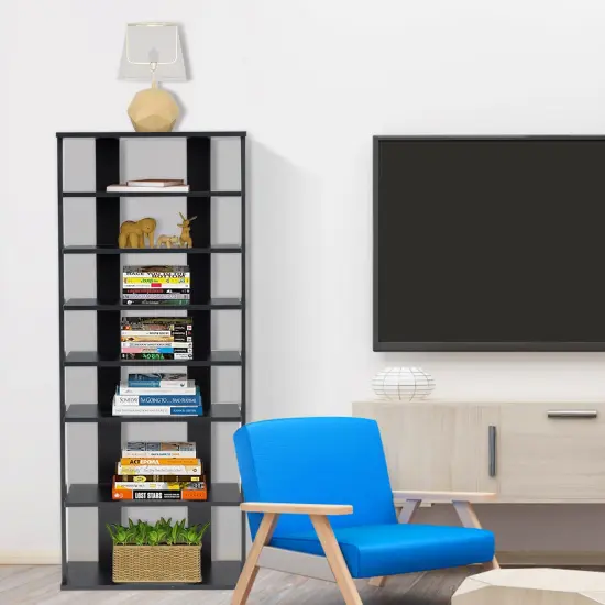 7-Tier Dual 14 Pair Shoe Rack Free Standing Concise Shelves Storage Black {6}