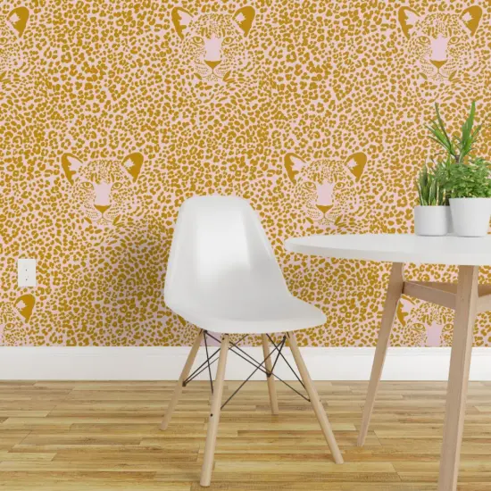 Pre-Pasted Wallpaper 2FT Wide Pink Leopard Mustard Yellow Jumbo Animal Print Bold Spots Custom Pre-pasted Wallpaper by Spoonflower {1}