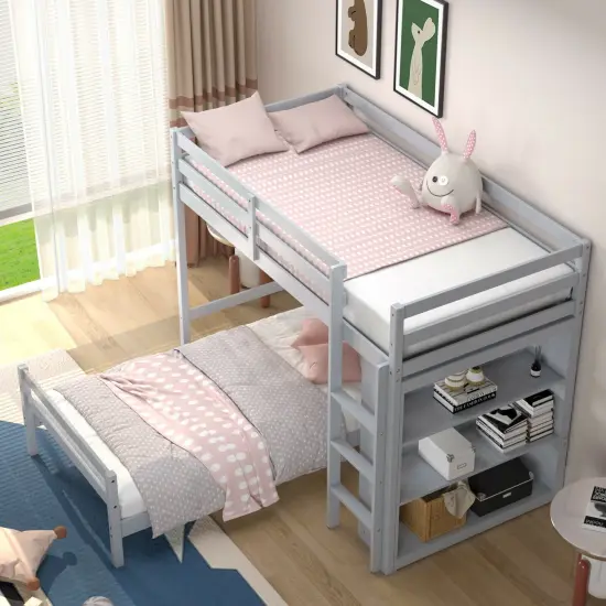 Twin Over Twin Loft Bunk Bed with Bookcase Grey {3}