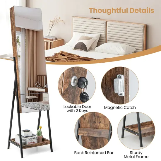 Costway Jewelry Cabinet Armoire Full-Length&nbsp;Mirror with 3-Color LED Lights tip-out Drawer Brown/White {6}