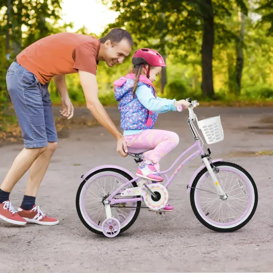 Babyjoy 18 Inch Kid Bike 95% Pre-Assembled Girls Bicycle with Training Wheels & Basket Age 6-9 Years Old Pink/Purple {2}