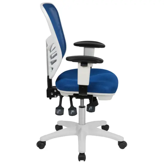 Emma and Oliver Mid-Back Mesh Triple Paddle Swivel Ergonomic Office Chair with Adjustable Arms BlueMesh/WhiteFrame {5}