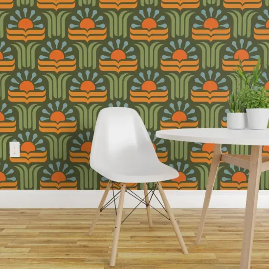 Pre-Pasted Wallpaper 2FT Wide Geometric Floral Retro Botanical Art Nouveau 70S Groovy Boho Scandi Orange Green Custom Pre-pasted Wallpaper by Spoonflower {1}