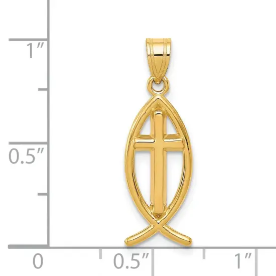 14K Yellow Gold Ichthus Fish Cross Charm Pendant Jewerly 26mm x 9mm {5}