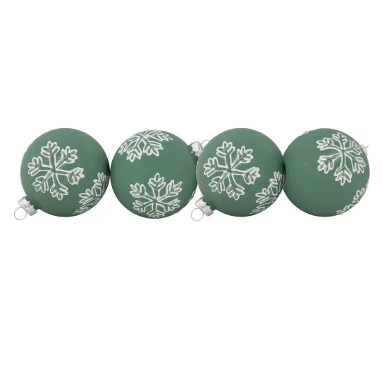 Northlight Glass Christmas Ball Ornaments with Snowflakes - 3" (80mm) - Green and White - 4ct {4}