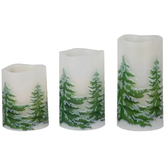 Northlight LED Flameless Frosted Pines Flickering Wax Pillar Christmas Candles - 6" - Set of 3 White {7}