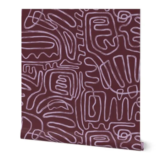 Peel & Stick Wallpaper 2FT Wide Boho Squiggles Purple Mauve Line Art Brush Strokes Custom Removable Wallpaper by Spoonflower {7}