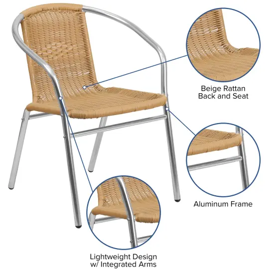 Emma and Oliver 4 Pack Aluminum and Rattan Commercial Indoor-Outdoor Restaurant Stack Chair Aluminum and Beige {2}