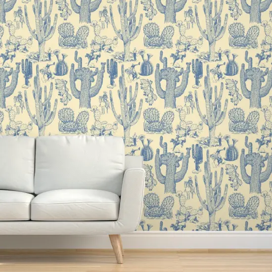 Pre-Pasted Wallpaper 2FT Wide Western Cowboy Cowgirl Toile Cactus Chinoiserie Southwestern Cacti Rustic Custom Pre-pasted Wallpaper by Spoonflower {5}