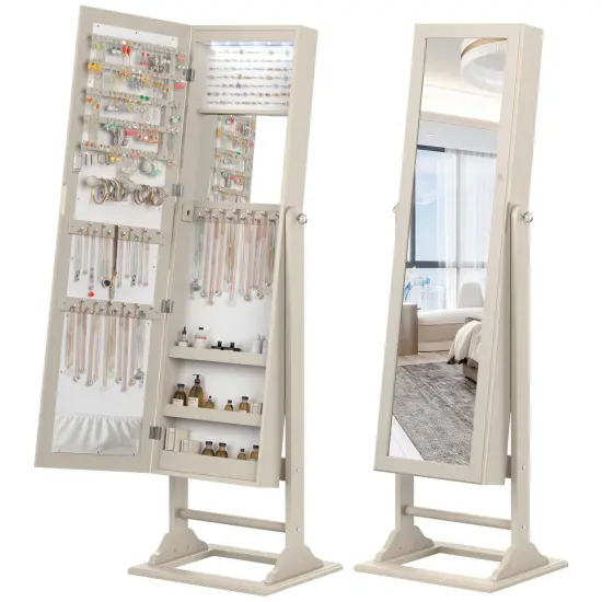 Costway Jewelry Cabinet Full-Length Mirror Lockable Jewelry Armoire with 6 Lights Beige/Natural {7}