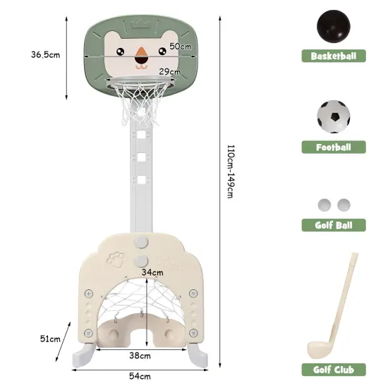 3-in-1 Triangular Kids Basketball Hoop Sports Set with 5 Adjustable Height Levels Green {6}