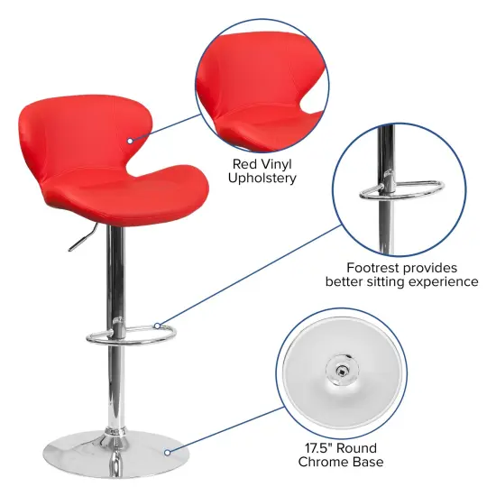 Emma and Oliver Curved Back Swivel Adjustable Height Barstool with Chrome Base Red Vinyl {2}