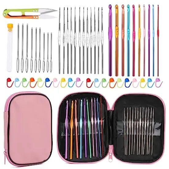54 Pieces Crochet Needles Set, Crochet Hooks Kit with Storage Case, Ergonomic Knitting Needles Blunt Needles Stitch Marker DIY Hand Knitting Craft Art Tools for Beginners-Pink {2}