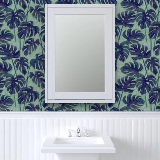 Pre-Pasted Wallpaper 2FT Wide Blue Palm Tropical Foliage Rainforest Summer Ink Green Houseplant Custom Pre-pasted Wallpaper by Spoonflower {6}