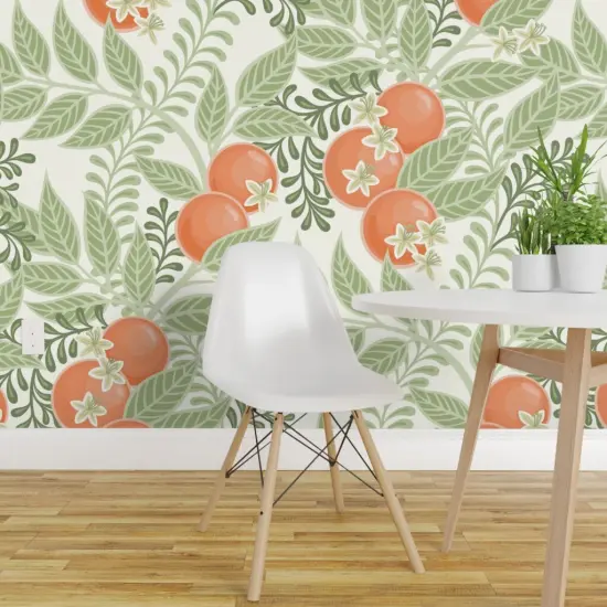 Pre-Pasted Wallpaper 2FT Wide Green Orange Fruit Citrus Garden Oranges Botanical Italy Grove Orchard Floral Large Scale Custom Pre-pasted Wallpaper by Spoonflower {1}