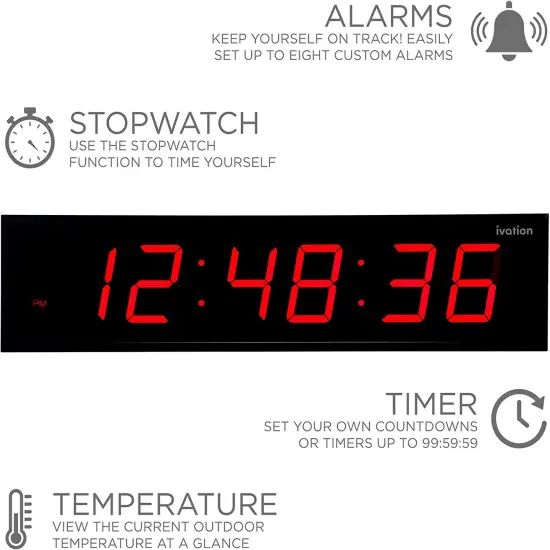 Ivation 60'' Large Digital Wall Clock, LED Digital Clock with Remote Control - Stopwatches Red {4}