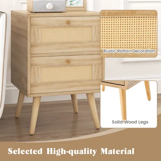 Costway 1/2 PCS Rattan Nightstand Boho Accent Bedside Table with 2 Storage Drawers Natural {5}