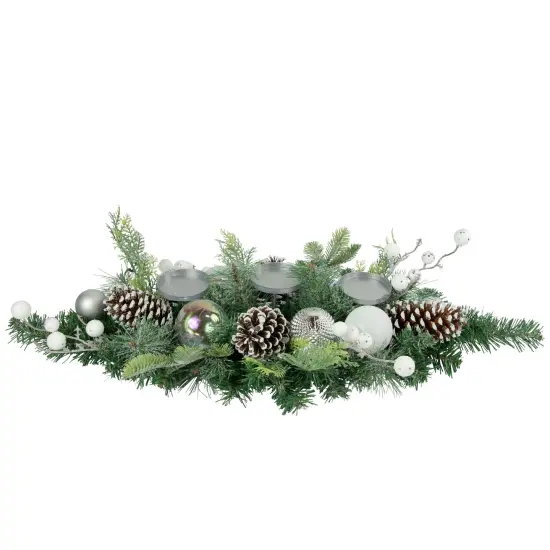 Northlight Pine and Berries Triple Candle Holder with Iridescent Christmas Ornaments - 32" Green {1}