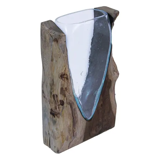 14 Inch Natural Wood Stand Blown Glass Vase Rustic Flower Centerpiece Home Decor {3}