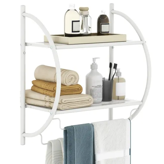 Costway Wall Mounted Bathroom Shelf with 2 Tier Bathroom Towel Rack 2 Towel Bars for Hotel White/Sliver {7}