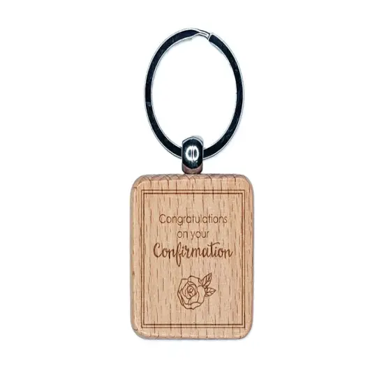 Sweet Rose Congratulations on Your Confirmation Christian Catholic Engraved Wood Square Keychain Tag Charm {1}