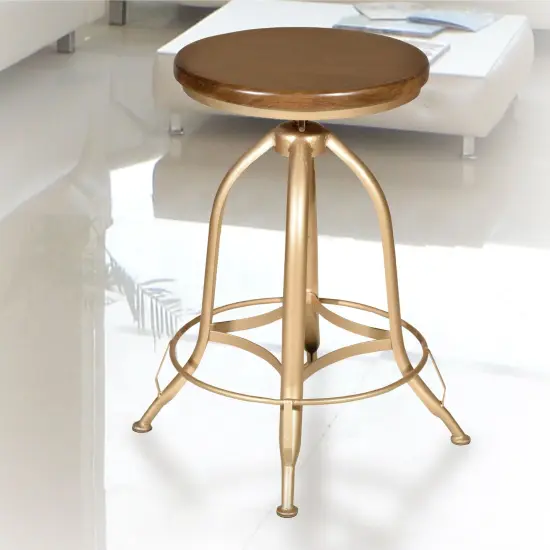 Contemporary Home Living 23" Brown and Gold Adjustable Stool with Circular Wooden Seat {4}