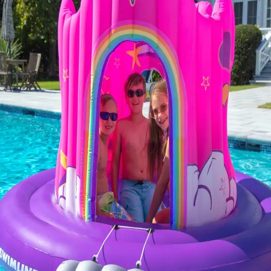 Swimline Unicorn Castle Inflatable Island Swimming Pool Float 82" Pink {5}