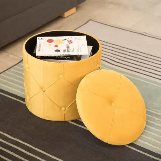 Round Tufted Velvet Wood Storage Ottoman Stool with Lid Yellow {3}