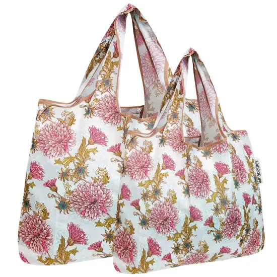 Wrapables Large & Small Foldable Tote Nylon Reusable Grocery Bags, Set of 2 Chrysanthemums {1}