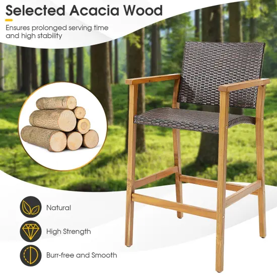 Costway 2PCS/4PCS Patio PE Wicker Bar Chairs Height Barstools with Acacia Wood Armrests Balcony {6}