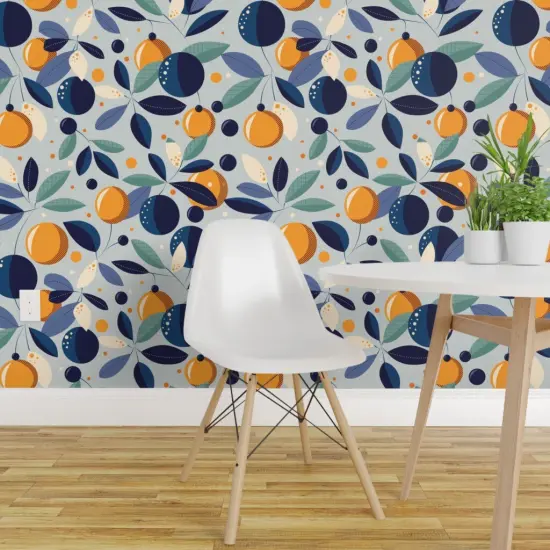Peel & Stick Wallpaper 2FT Wide Blue Floral Oranges Citrus Garden Mid-Century Botanical Moonlight Tuscan Mediterranean Large Scale Custom Removable Wallpaper by Spoonflower {1}