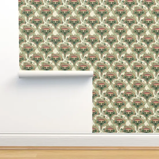 Pre-Pasted Wallpaper 2FT Wide Art Nouveau Mushrooms Botanical Nature Olive Green Toadstool Vintage Inspired Cream Custom Pre-pasted Wallpaper by Spoonflower {2}