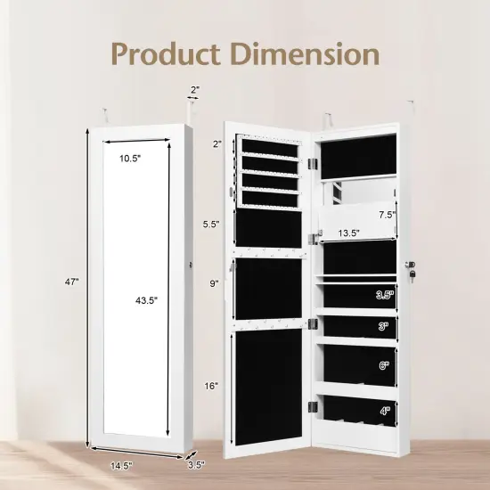 Lockable Wall Door Mounted Mirror Jewelry Cabinet with LED Lights White {4}