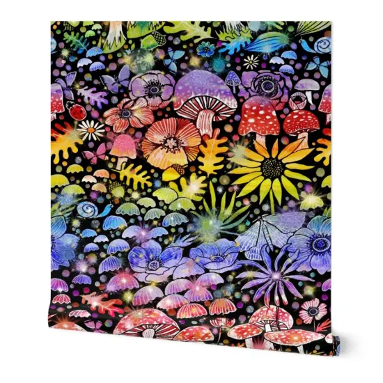 Peel & Stick Wallpaper 2FT Wide Rainbow Mushrooms Colorful Sunflower Anemone Botanical Woodland Red Blue Custom Removable Wallpaper by Spoonflower {7}