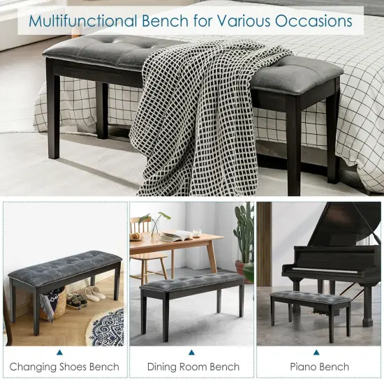 Upholstered Dining Room PU Bench Solid Wood Button Tufted Grey {5}