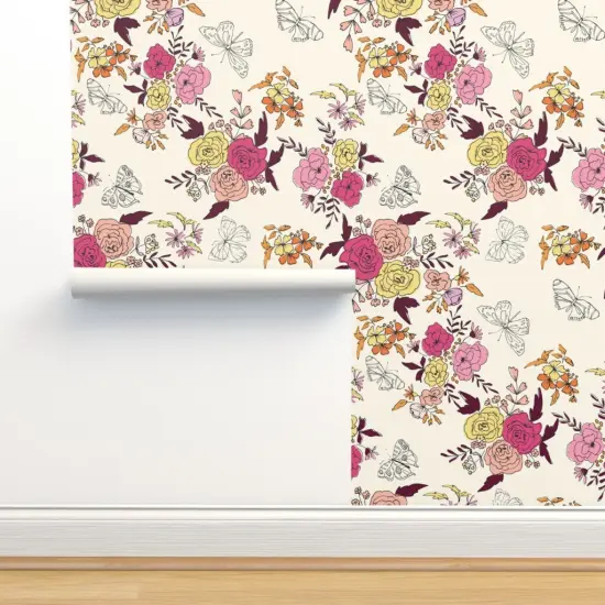 Peel & Stick Wallpaper 2FT Wide Pink Cream Yellow Butterflies Floral Orange Rose Daisy Crimson Sketchbook Hand Drawn Large Scale Botanical Kitsch Custom Removable Wallpaper by Spoonflower {2}