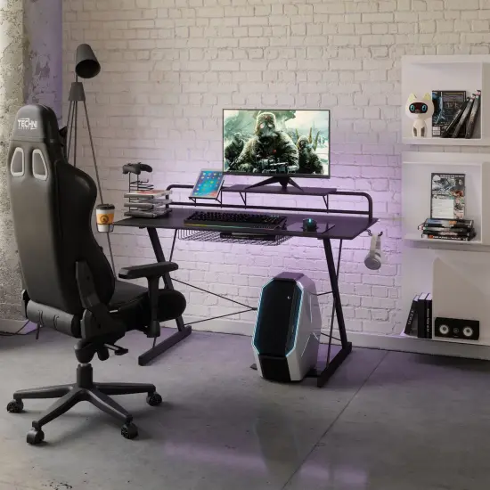 Techni Office Solutions 47.25" Black Unique Techni Sport TS-200 Carbon Computer Gaming Desk with Shelves {6}