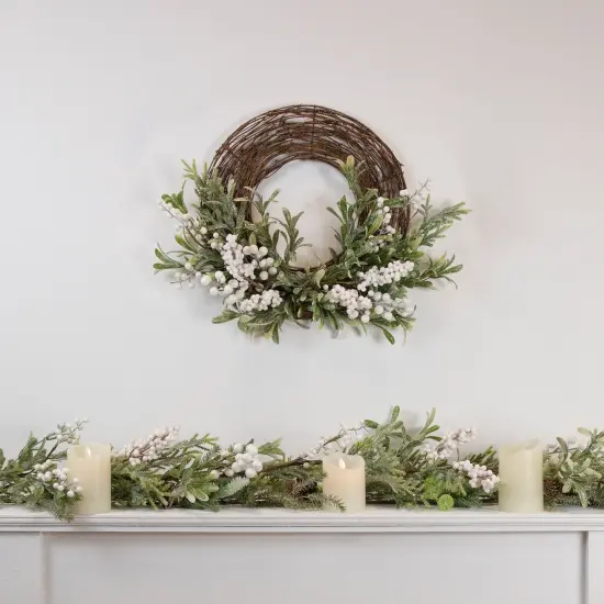 Northlight Artificial Christmas Twig Wreath with Frosted Foliage and Berries, 24-Inch, Unlit Green {3}