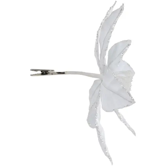 Northlight Glittered Poinsettia Christmas Floral Pick Clip-On Ornament - 10" - Snow White {5}