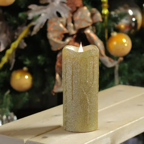 Melrose 7" Battery operated Gold Glittered Flameless LED Christmas Pillar Candle with Moving Flame {3}
