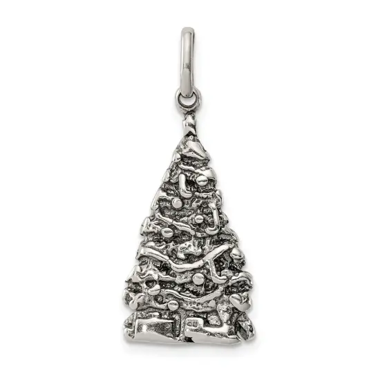 Sterling Silver Antiqued Christmas Tree Charm Pendant Jewerly 31mm x 14mm {1}