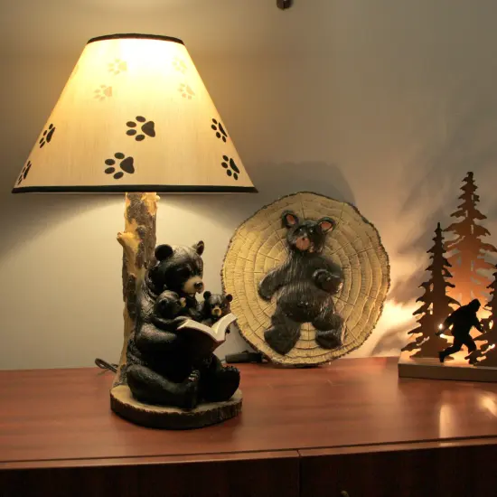 Black Bear Reading to Curious Cubs Table Lamp w/Paw Print Shade {5}