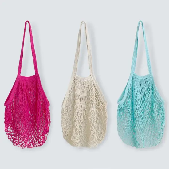 Wrapables Cotton Mesh Net Shopping Bag, Grocery Bag for Vegetables, Produce (Set of 3) Hot Pink Beige Teal {1}