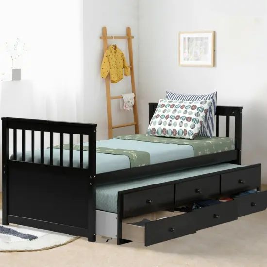 Pine Wood Twin Captain&rsquo;s Bed with Trundle and 3 Storage Drawers Brown {2}